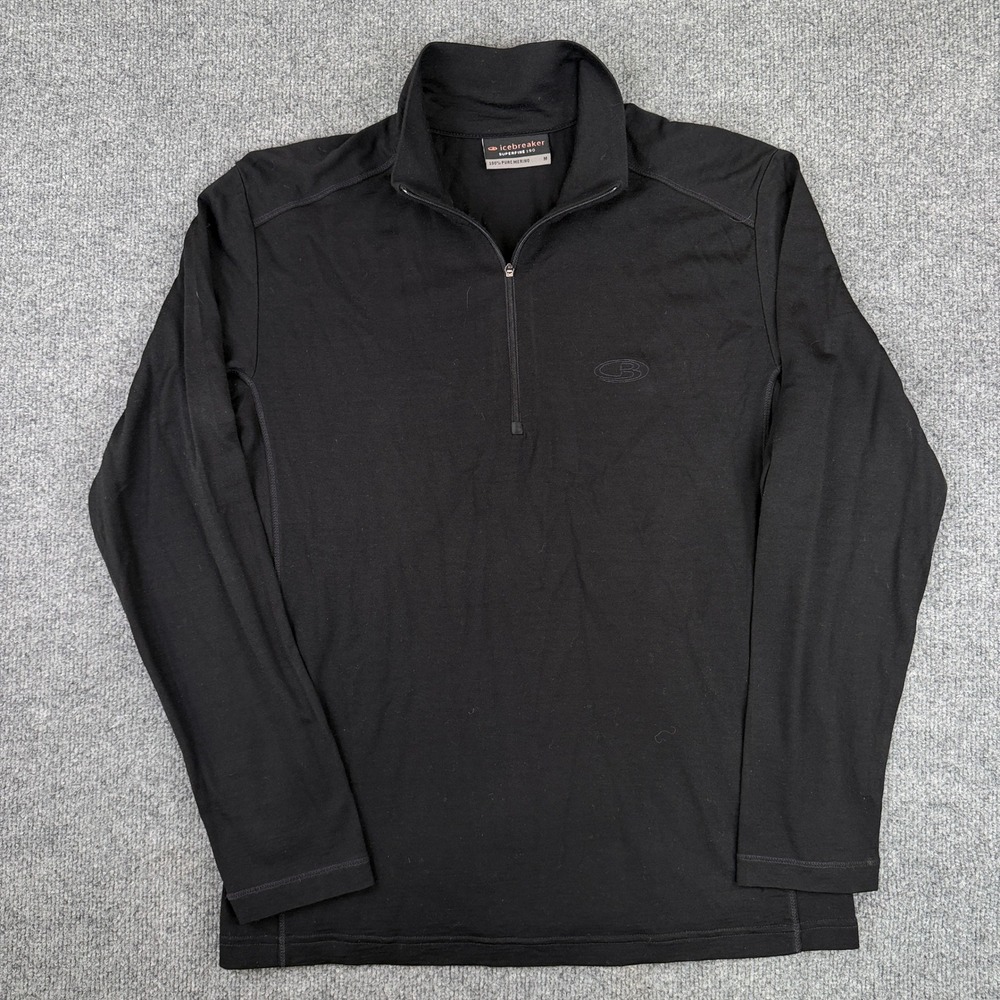 Icebreaker 1/4 Pullover Base Layer Sweater Mens M Black Superfine 190 Merino